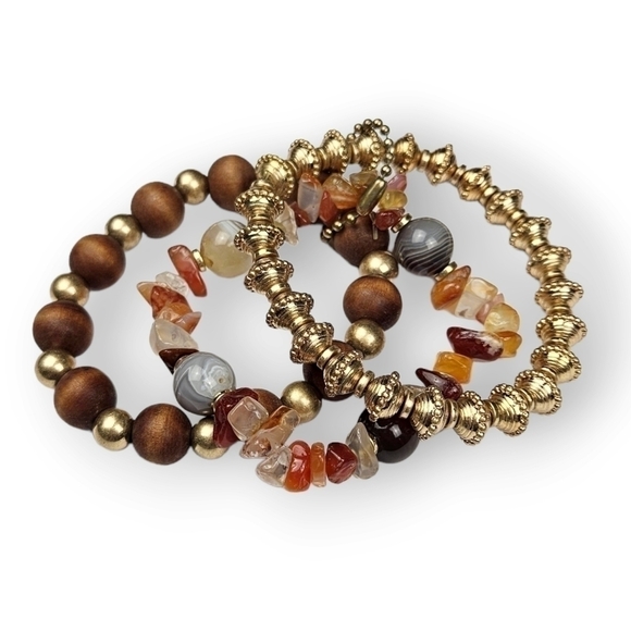 Beaded Bracelet Set Of 3 Natural Stone Wood Antiqued Gold Tone Bohemian ~7" Long - Picture 1 of 6